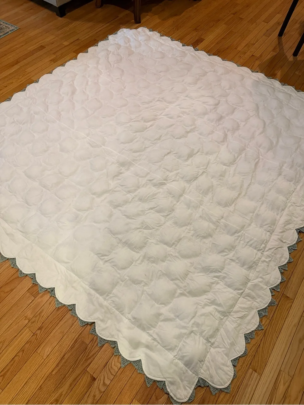OOAK Handmade White Floral Crochet Appliqué Cotton Comforter Blue Crochet Trim